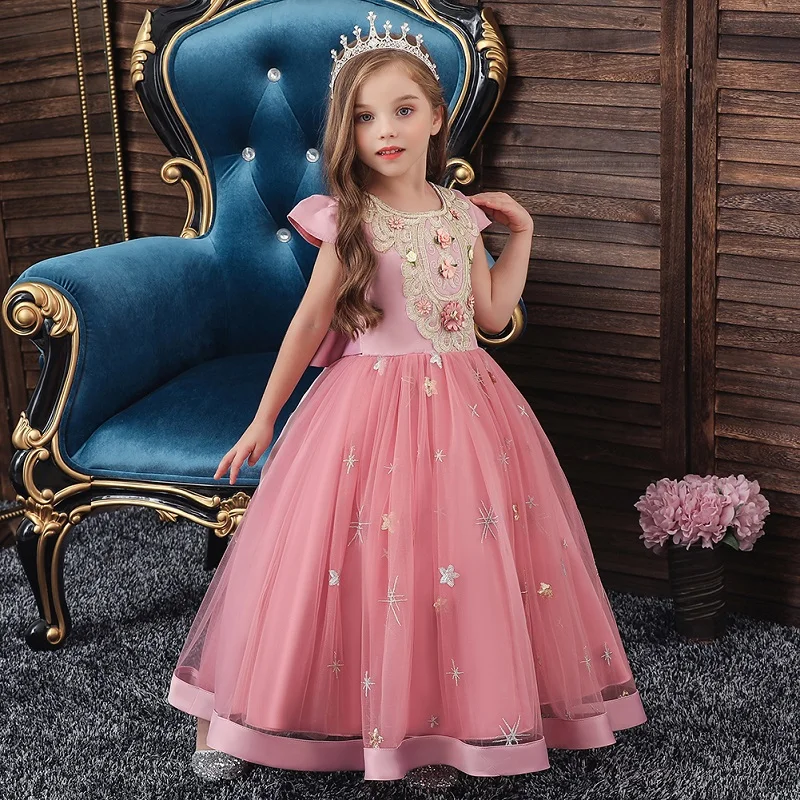 Lantejoulas lindo vestido floral de princesa para meninas, vestido de verão tutu para casamento e aniversário, vestido de menina, fantasia de ano novo para crianças