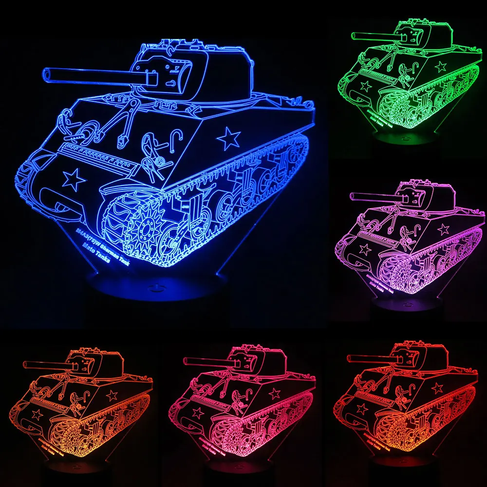 Sherman M4A3 Model Tank 3D Acrylic LED 16 Colors Changing Desk Lamp Night Light