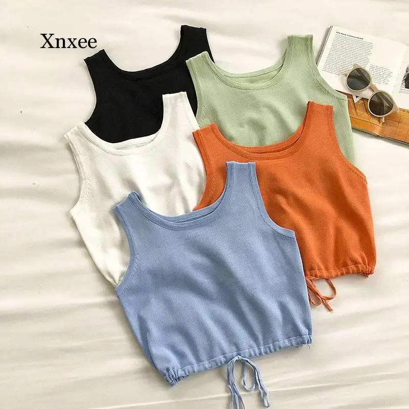 Candy Color Knitting Tanks Tops Women Drawstring Casual Crop Tops Hip-Hop Chic Womens Sexy Harajuku Summer Fashion Loose Simple