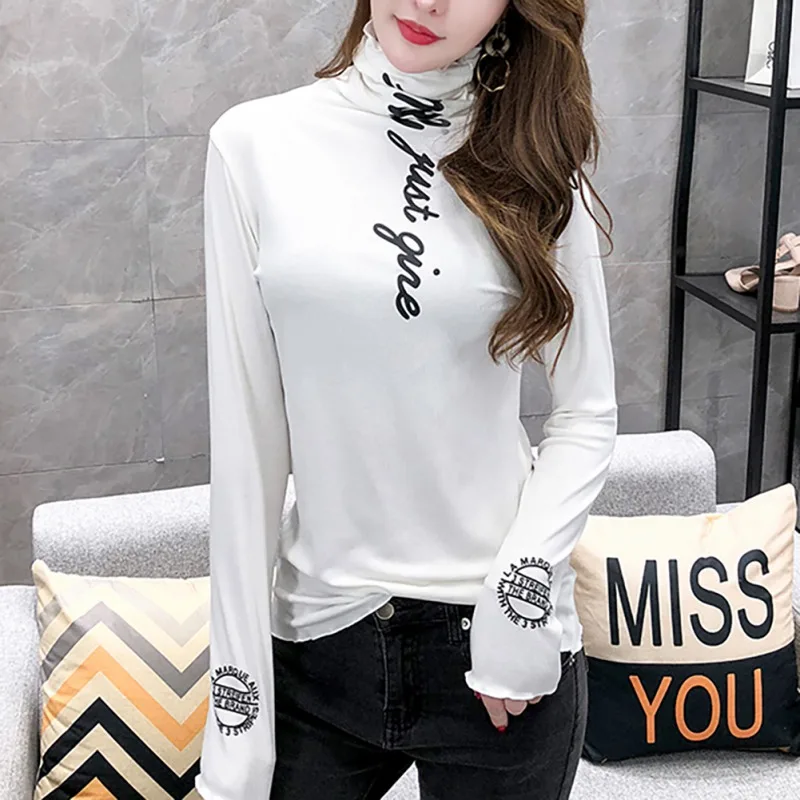 Women Simple Casual Thick Letter Print T-Shirt Female Fashion Slim Thin High Collar Long-Sleeve Bottoming Wild Casual T Shirts