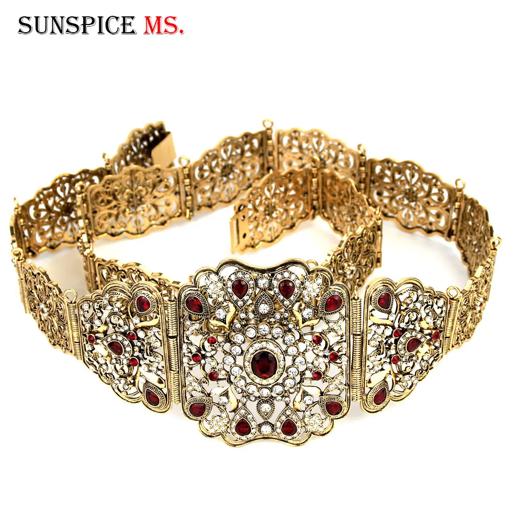 Sunspicems Retro Gold Color Algerian Belt for Women Morocco Wedding Dress Caftan Jewelry Full Rhinestone Waist Chain