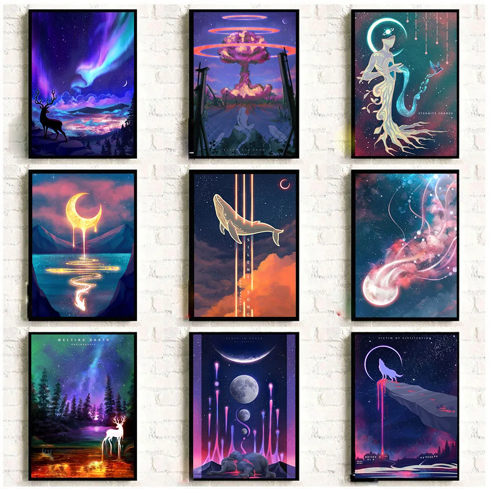 Future Animal Wailing Posters and Prints Deer Wolf Whale Elephant Canvas Painting Abstract Wall Pictures Living Room Home Decor