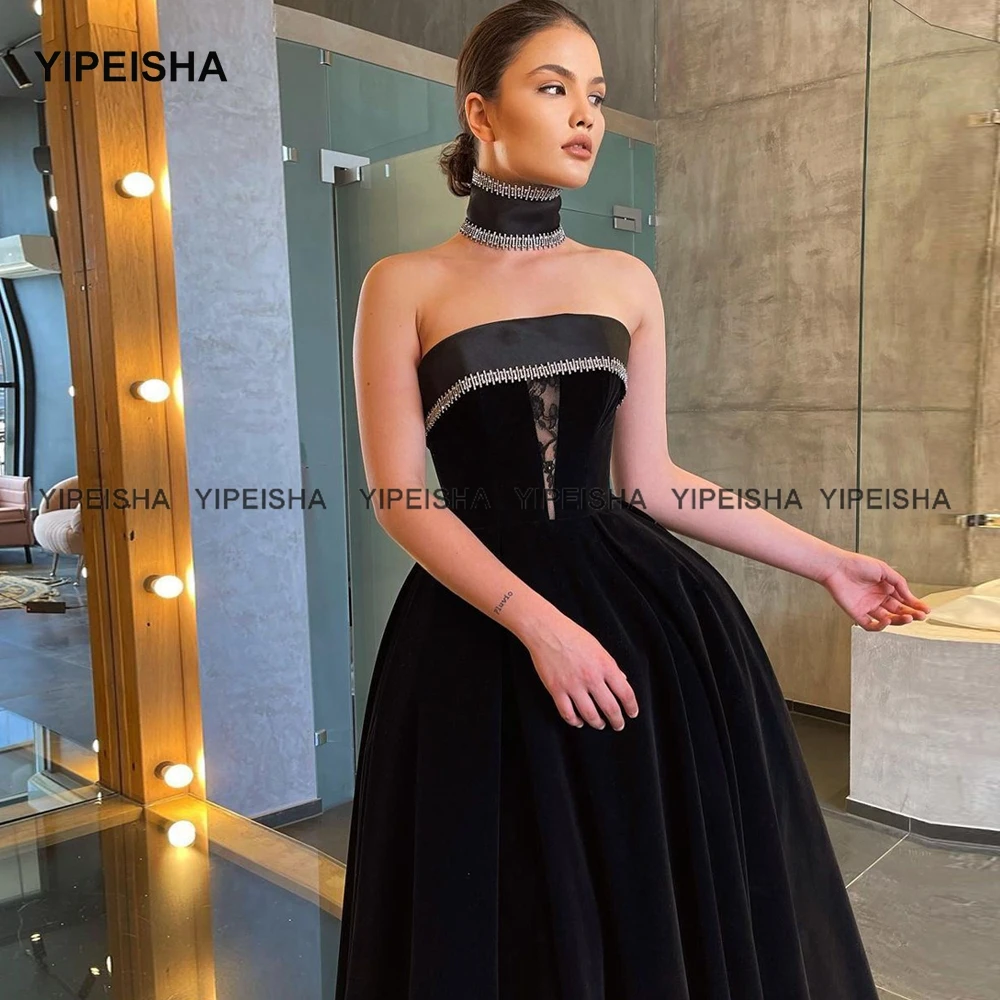 Yipeisha-Robe de cocktail noire sans bretelles, corset, velours, longueur thé, robe de soirée de Rh, petite robe noire perlée sur mesure