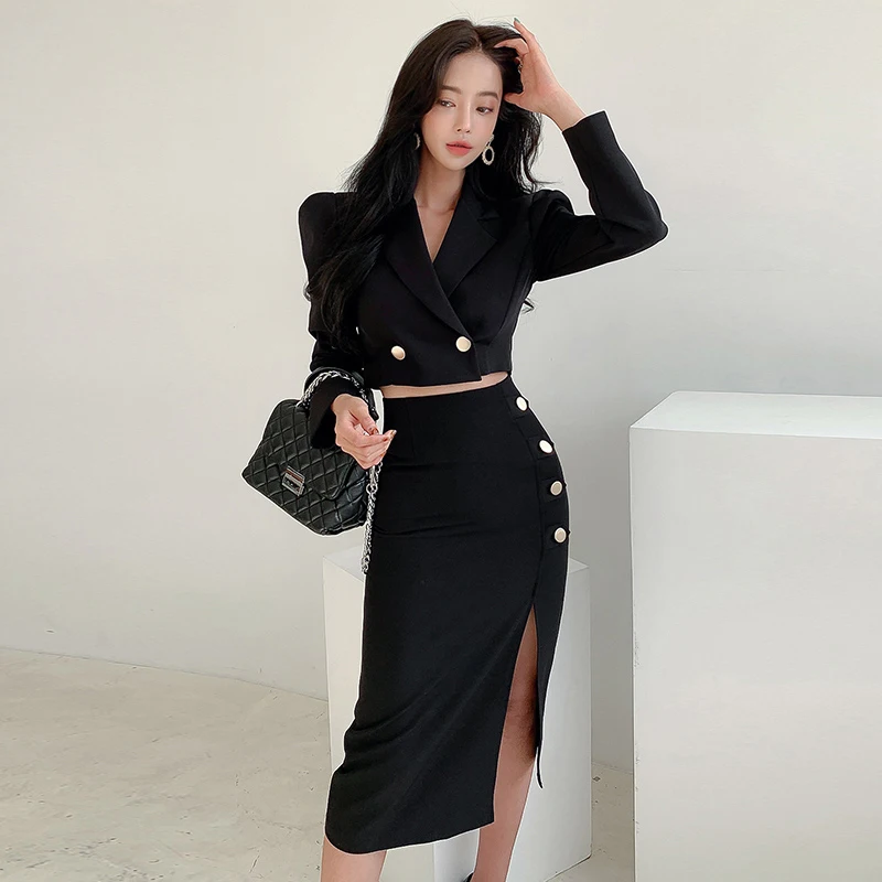 Fashion Spring Autumn Black Formal 2 Pieces Outfit Short Set Women Clothes Office Cropped Tops Coat Blazer Slit Midi Skirt Suits