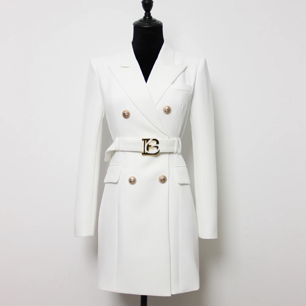 S-3XL High-quality New Black And White Two-color Lapel Double-breasted Belt Slim Long-sleeved Casual Commuter Women's Coat Dress