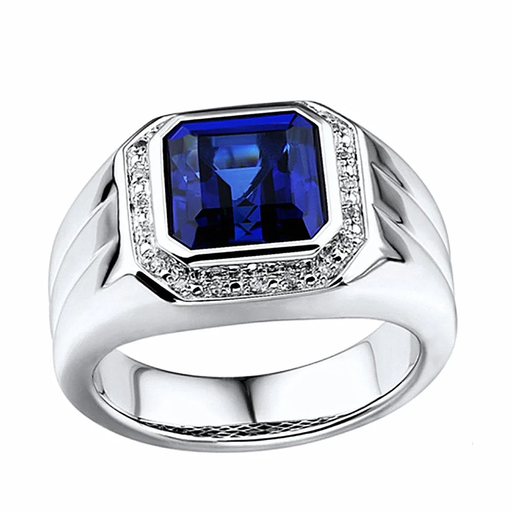 Bague de pierres précieuses de saphir de cristal bleu carré pour hommes, matiques de diamants, document en or blanc, bijoux à la mode, accessoires d'affaires