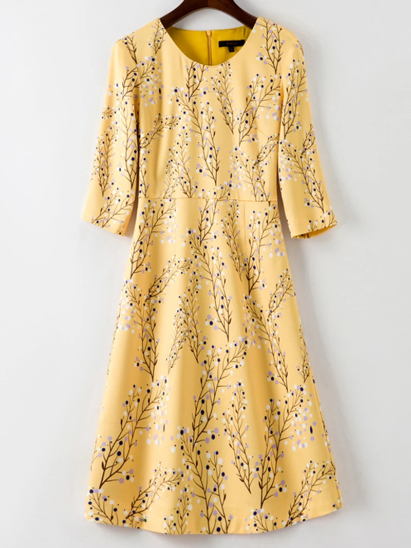 

Flower Print Women A-Line Dress Round Neck 3/4 Dresses