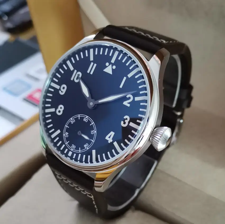 GEERVO No logo pilot 44mm Manual mechanical men\'s Watch Blue luminous Seagull ST3621 movement G095