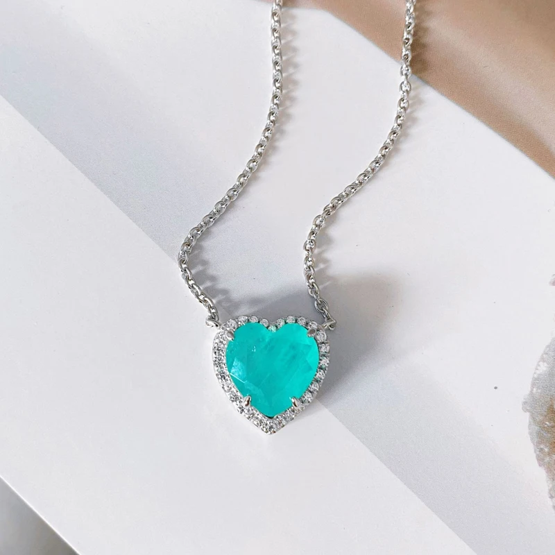 OEVAS 100% 925 Sterling Silver 10*10mm Heart Synthetic Paraiba Tourmaline Pendant Necklace For Women Party Fine Jewelry Gifts