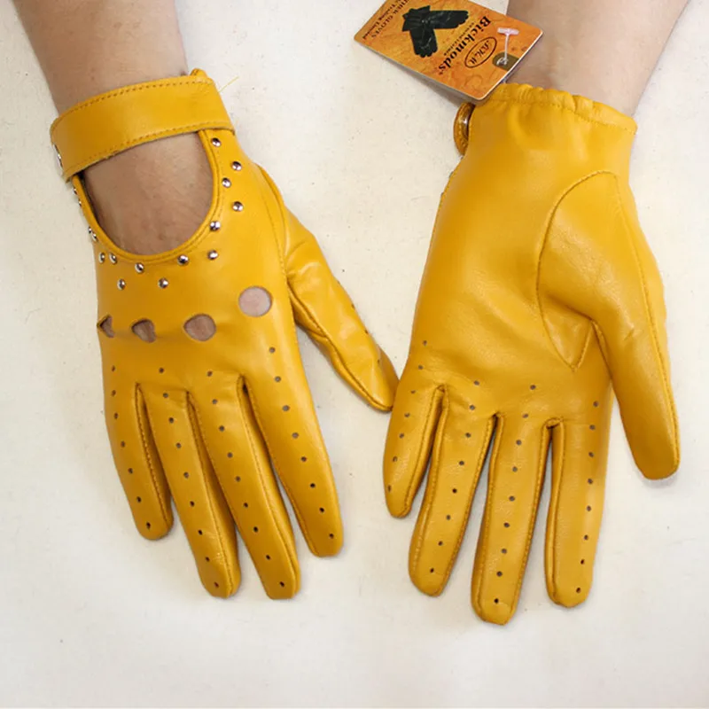Goatskin Driving Driver Leather Gloves Women\'s Thin Outdoor Motorcycle Riding Fashion Hollow Rivet Spring Summer