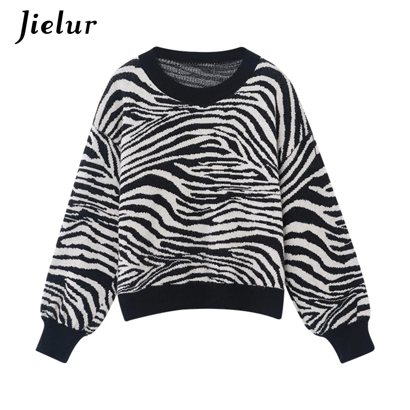 Jielur Winter Harajuku Women's Sweater Loose Pullovers Ladies Soft Striped Zebra Chic Korean Knitted Sweaters O-Neck Casual Top