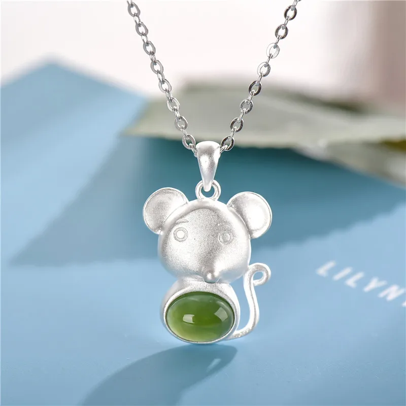 925 Sterling Silver Necklace Taiwan jade green chalcedony lady Necklace Mouse shape Pendant 925silver Necklace exquisite jewelry