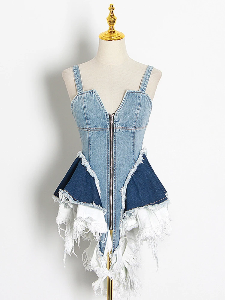 ONEINALL Patchwork Tassel Denim Vest For Women Slimming Asymmetrical Hem Sleeveless Vests Females 2022 Summer Fashion New Style