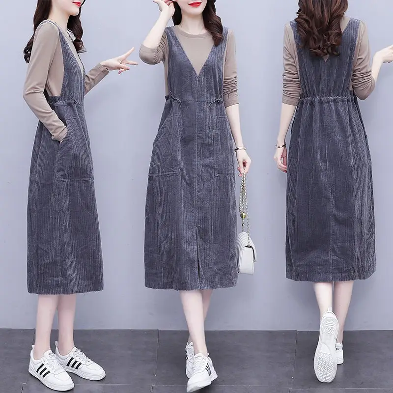 

Fake Two Piece Dress Long Sleeves Fall 2021 Women's Clothing Casual Korean High Waist Patchwork Corduroy Dress M272