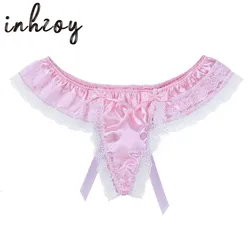 Men Shiny Satin Sissy Panties Hot Sexy Lingerie for Male Double Layers Floral Lace Bowknot Low Rise Bikini Briefs Gay Underwear