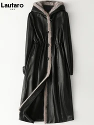 Lautaro Cappotto invernale lungo in pelle nera spessa calda da donna con pelliccia all'interno Elegante giacca foderata in pelliccia sintetica di lusso Parka Moda 2021