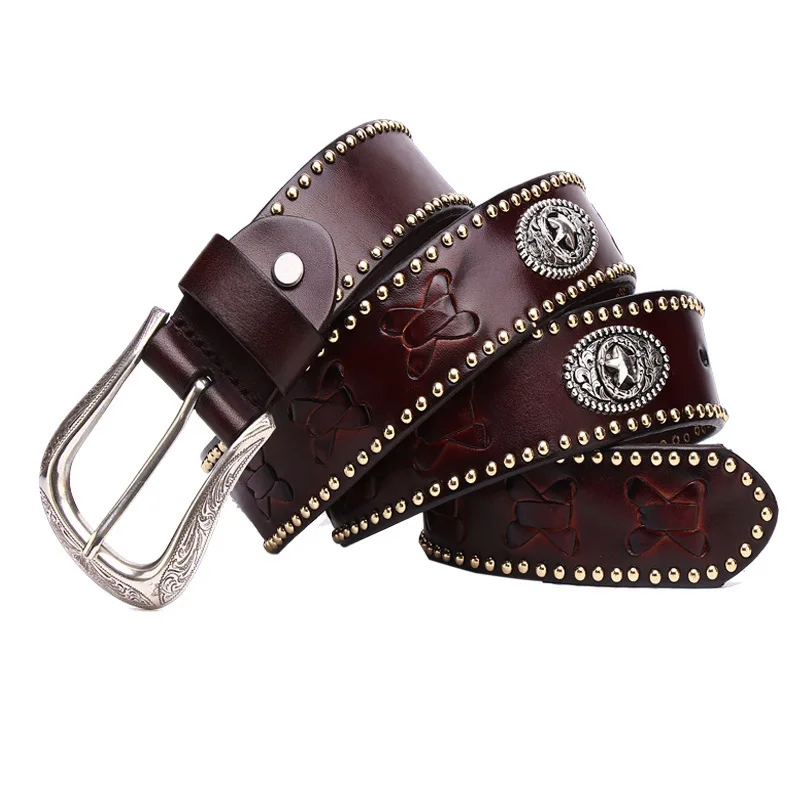 New western cowboy belt leather woven men's rivet head layer cowhide belt knight personality punk belt