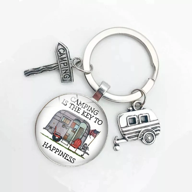 Happy Camping Cute Caravan I Camping Car Key Road Sign Keychain Glass Cabochon Traveler Hobby Keychain Goddess Charm Wholesale