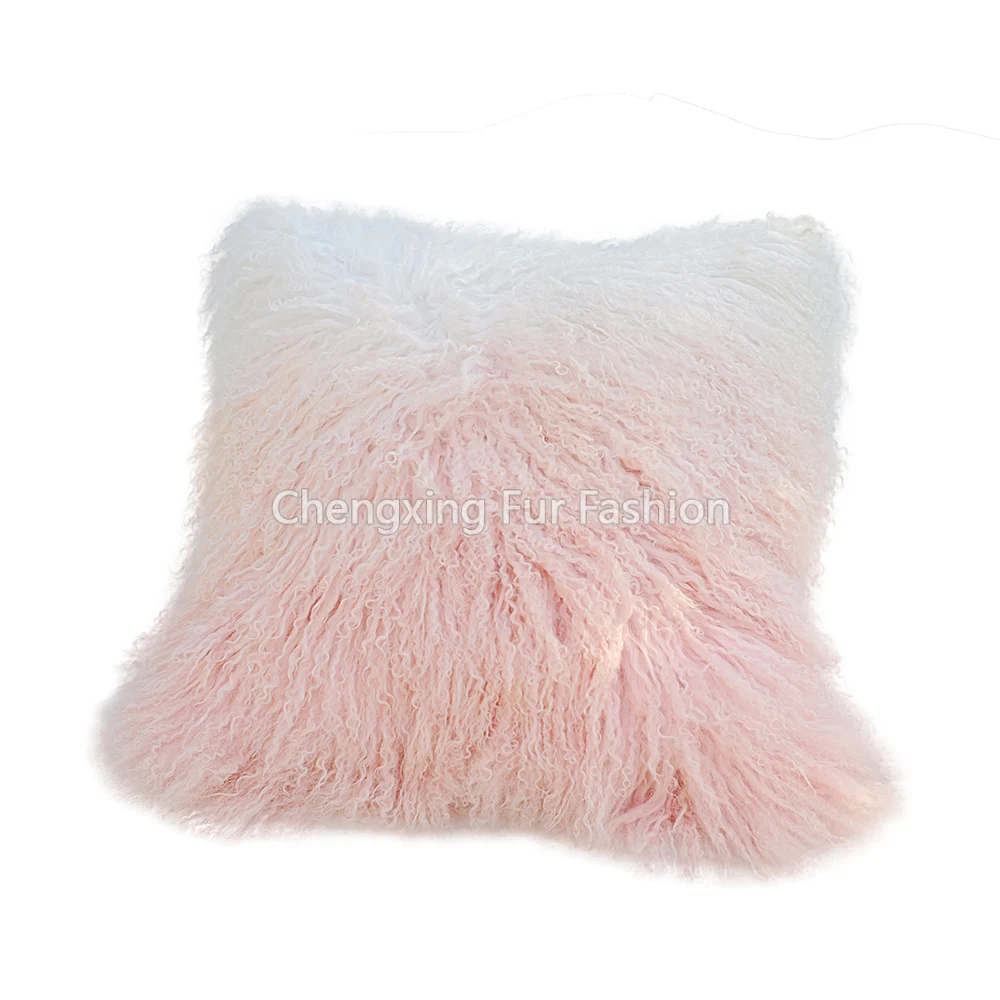 Super Soft Plush Seat Cushion Cover, Tip Dyed, Real Mongolian Lamb Fur Chair Pillow Cover, 50x50cm, CX-D-57A