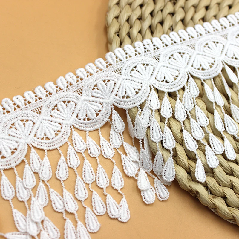 Cotton Tassel Fringe Embroidered Lace Trim Ribbon Fabric, Handmade Sewing Supplies, Craft Gift, White and Black, 1 Yard