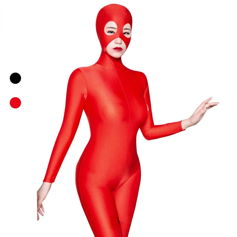 Sexy Women Tight Clothes Long Sleeve Female Bodysuit Clothing Open Crotch Zipper Catsuit Full Body Leotard Face Mask Sex Costume