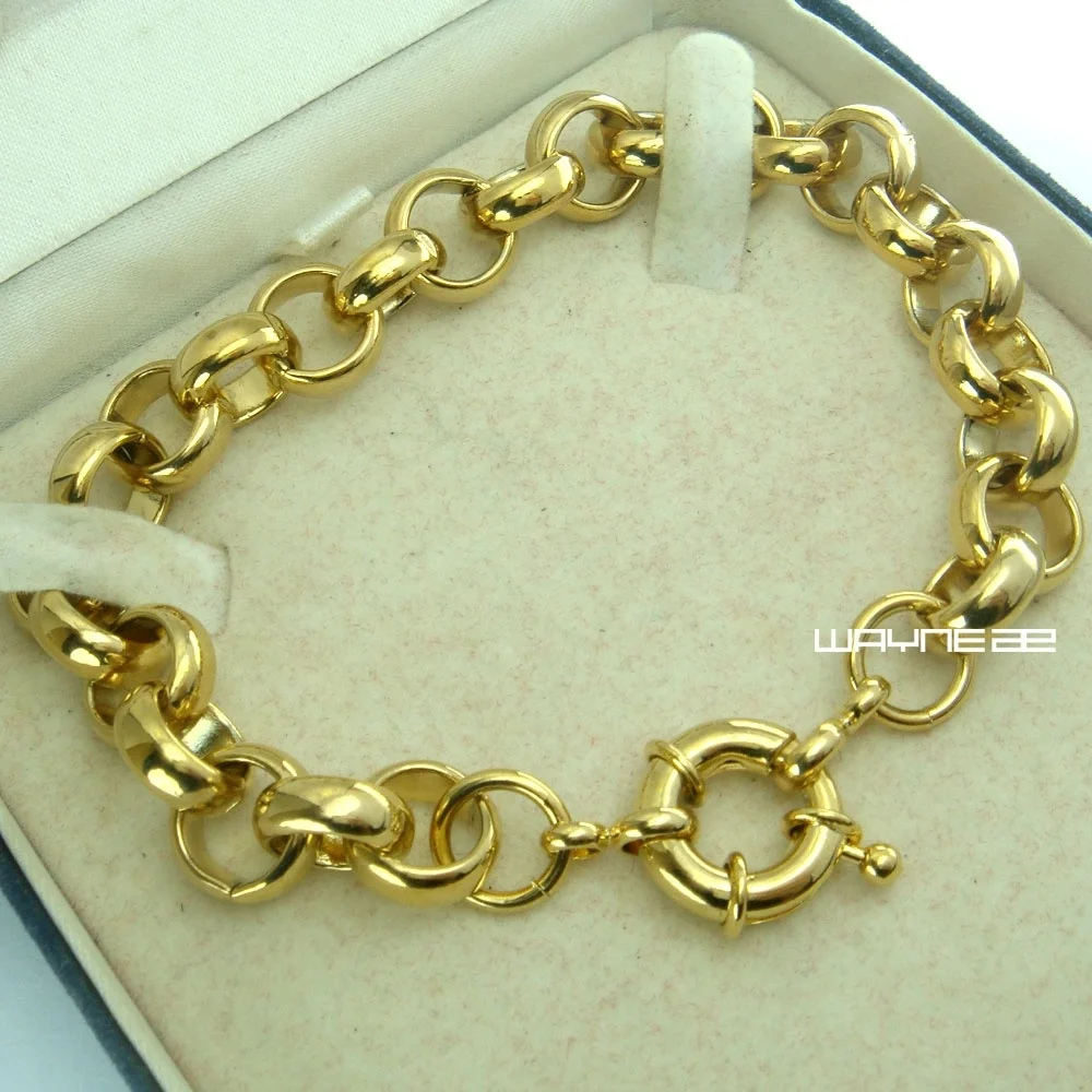 Gold Color 11mm width Belcher Bolt Ring Link Men Women Solid Bracelet Jewllery B164