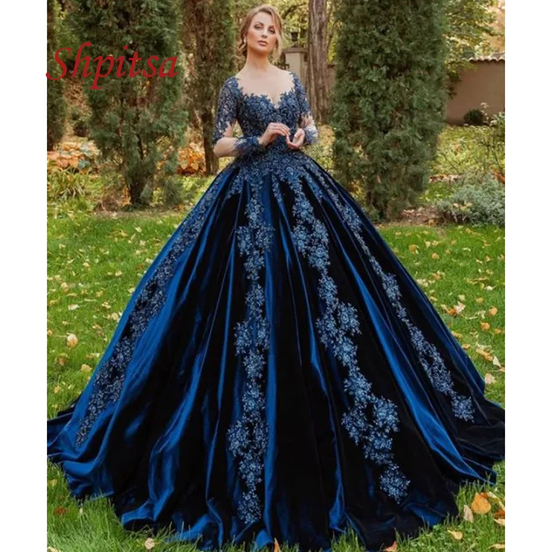 Vestido de baile de encaje de manga larga, quinceañera, Princesa, azul marino, satén, baile de graduación, baile de graduación, dulce, 16 vestidos para 15 años