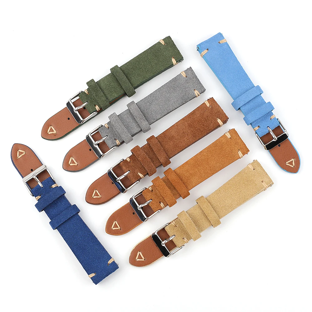 Suede Leather Watchband Strap 18mm 19mm 20mm 22mm Quick Release Watch Strap Belt Handmade Stitched Retro Aatch Accessories