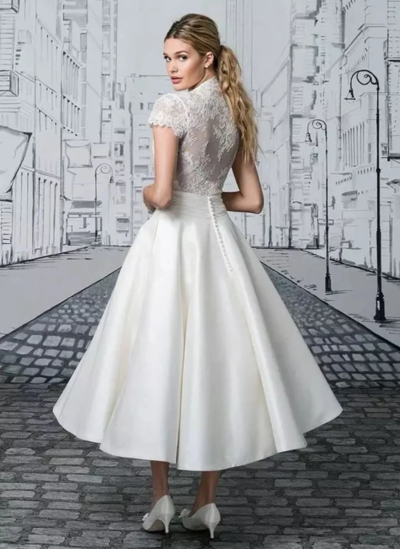 Princess Short Wedding Dresses 2021 Tea-Length Cap Sleeve V-Neck Lace Appliques Button Elegant A-Line Satin Civil vestido de nov