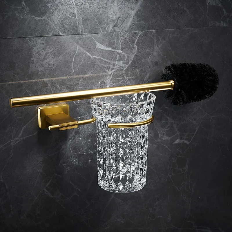 

Brass Toilet Brush Holders, Bathroom Clearing Tools, Glass Cup Rack, Bath Hadrware, Brushed Gold, Nail Punched, Durable Type