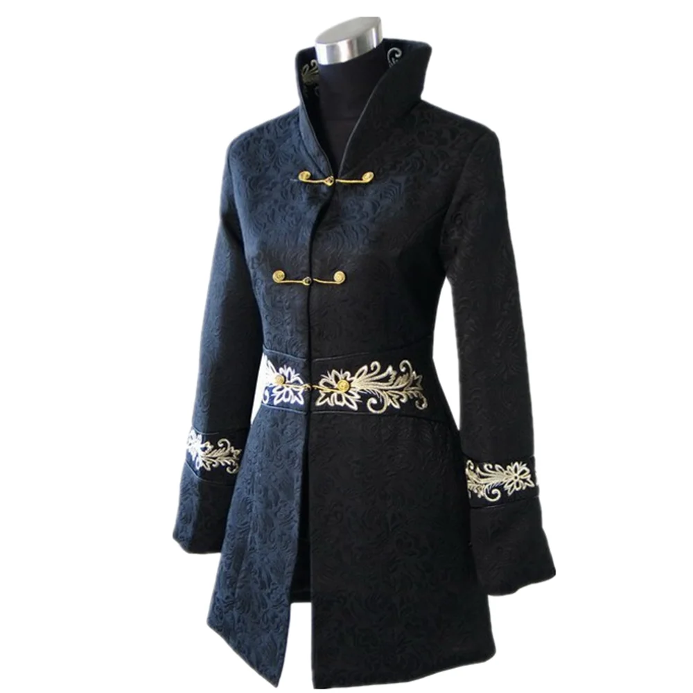 

New Style Black Women's Cotton Jacket Mandarin Collar Coat Autumn Winter Warm Overcoat Long Slim Outwear S M L XL XXL XXXL NJ12