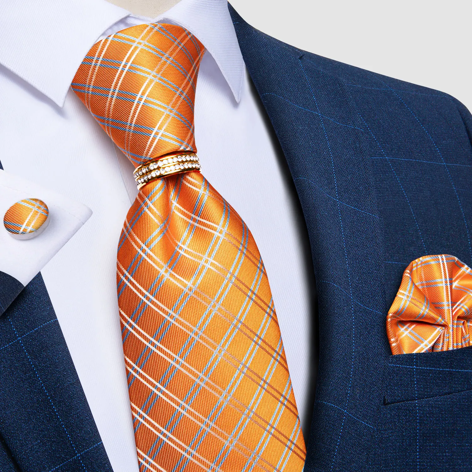 Orange Plaid Striped Ties For Men Tie Tack With Chain Wedding Party Neck Tie Handkerchief Gold Tie Ring Set Gift For Men DiBanGu