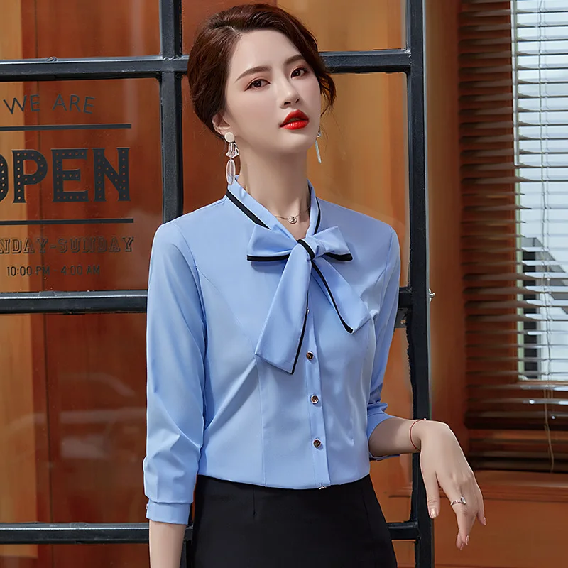 

IZICFLY New Autumn Spring Korean Style Ladies Blue Bow Blouse Office Uniform Women Tops Slim Fashion Business Shirt Work Wear