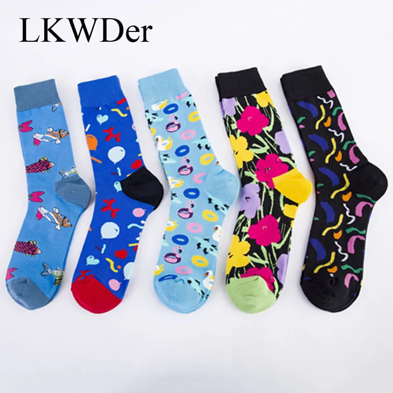 LKWDer 5 Pairs Casual Men's Plus Large Size 44,45,46 Colorful Happy Socks Flower Creative Series Socks Meias Calcetines Hombre