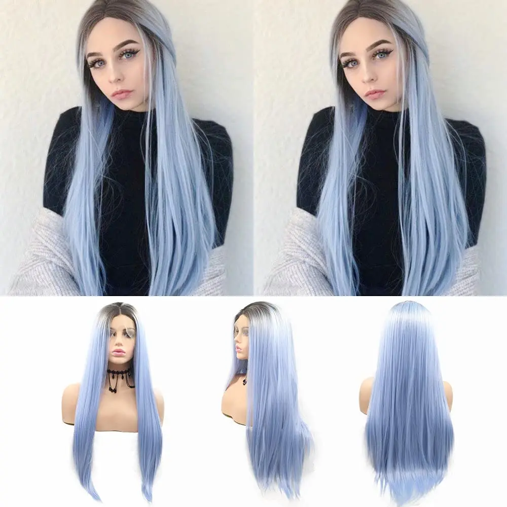 

Sylvia Sky Blue Lace Front Wigs Long Straight Hair Wigs Natural Ombre Blue Wig Dark Roots Heat Resistant Fiber Hair for Women