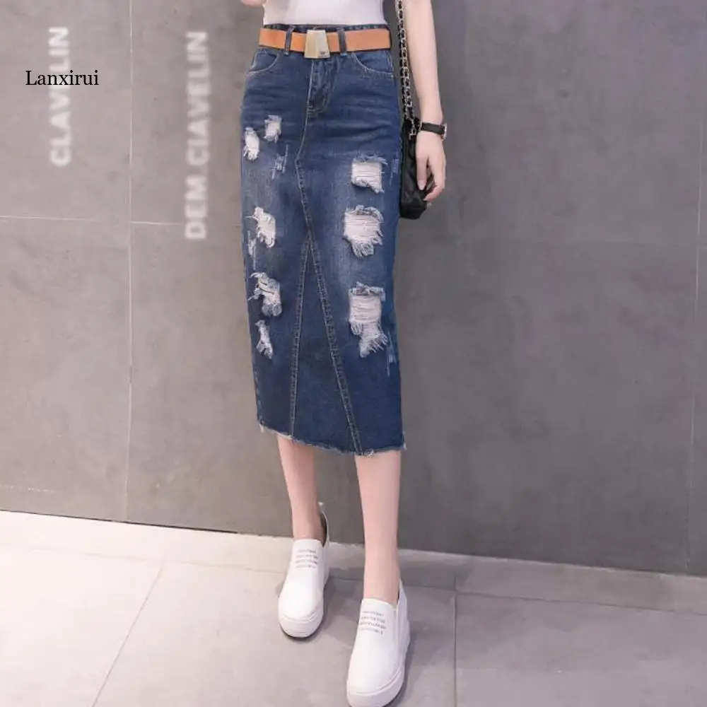 Womens  2XL Denim Skirt Fashion Solid High Waist Skirts Women Spring Summer Mid Long Blue Jean Skirts With Hole