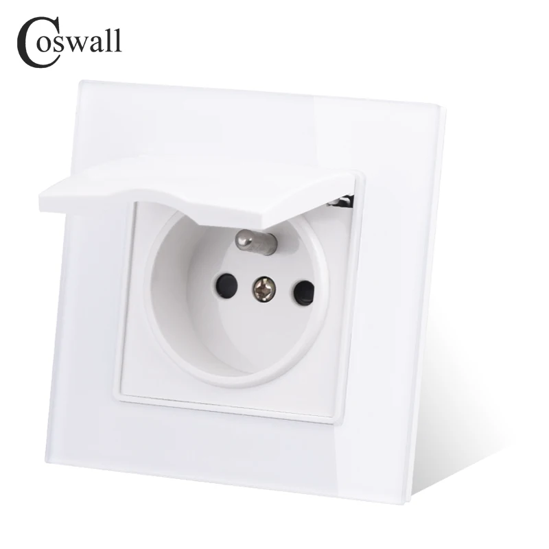 Coswall Glass Panel Wall Socket Grounded With Waterproof Lid Cover EU Russia Spain France Outlet With Children Protective Lock