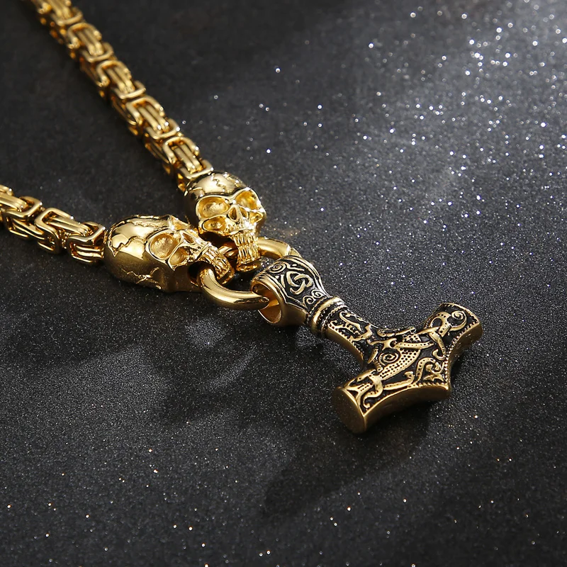 Stainless Steel Norse Viking Necklace Men Skull Head Charm Pendant Amulet Hammer Necklace Punk King Chain Accessories