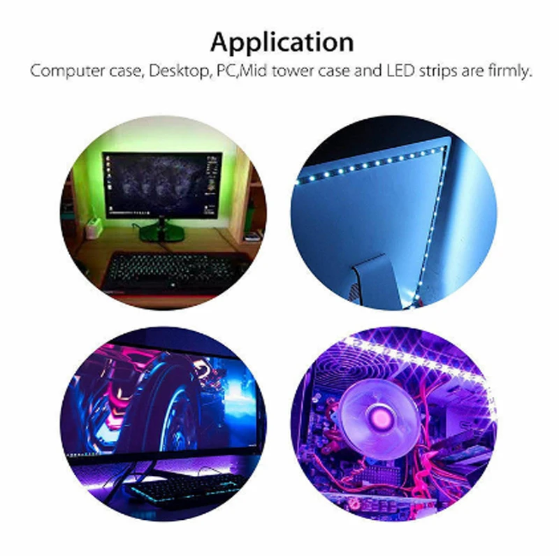 RGB LED Strip Light Full Kit for PC Computer Case SATA Power Supply Interface Fixed by Tape Sticker,Remote Control Color 12V