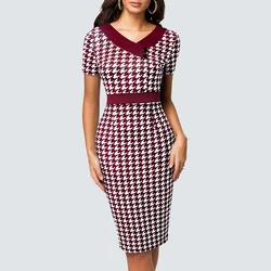 Summer Women Short Sleeve Houndstooth Chic Buttons Fashion Elegant Office Lady Pencil Dress HB633