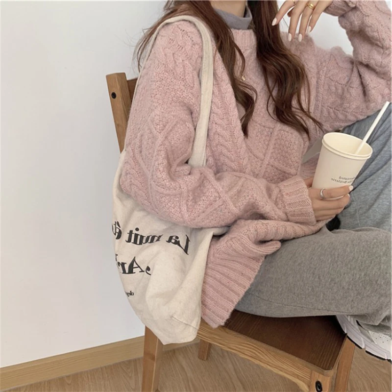 Thick Pullovers Women O-neck Sweaters Japan Preppy Solid Simple Loose Thermal Long Sleeve Knitwear Ins Sweet Popular Winter Cozy