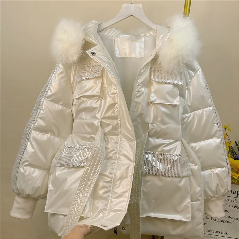 Imagem -02 - para Baixo Algodão-acolchoado Jaquetas para Mulheres Novo Inverno Coreano Solto Mid-length Parkas Genuíno Gola de Pele de Lantejoulas Estudantes Cabolsas Branco