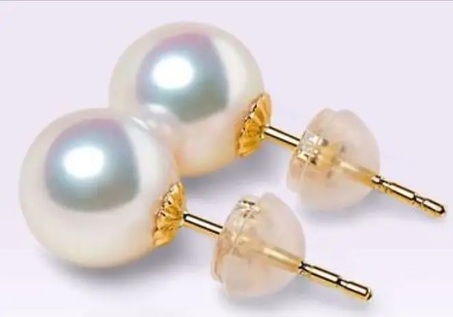 free shipping charming pair of round 9-10mm akoya white pearl earring 18k