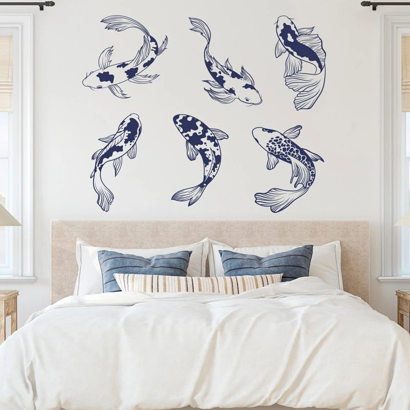 Zestaw 6 naklejek ściennych Koi Fish Japanese Style Vinyl Home Decor Sypialnia Pokój dzienny Wędkarstwo Naklejki Prezent na parapetówkę Mural 4775