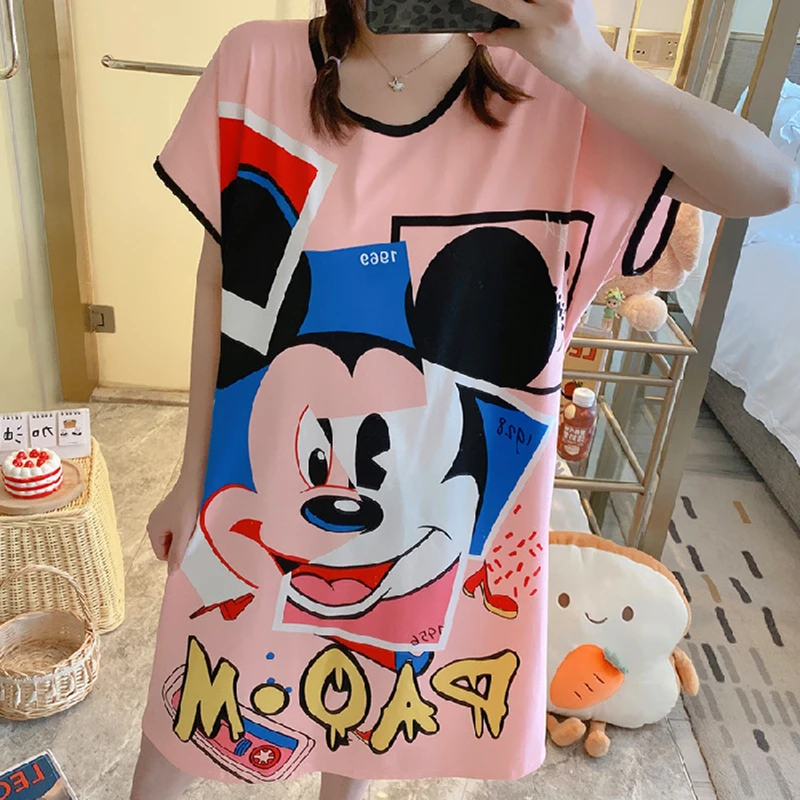 Nightdress Women Summer Color Mickey Cartoon Loose Nightgown Mid-Length Home Service Skirt Casual Nightdress