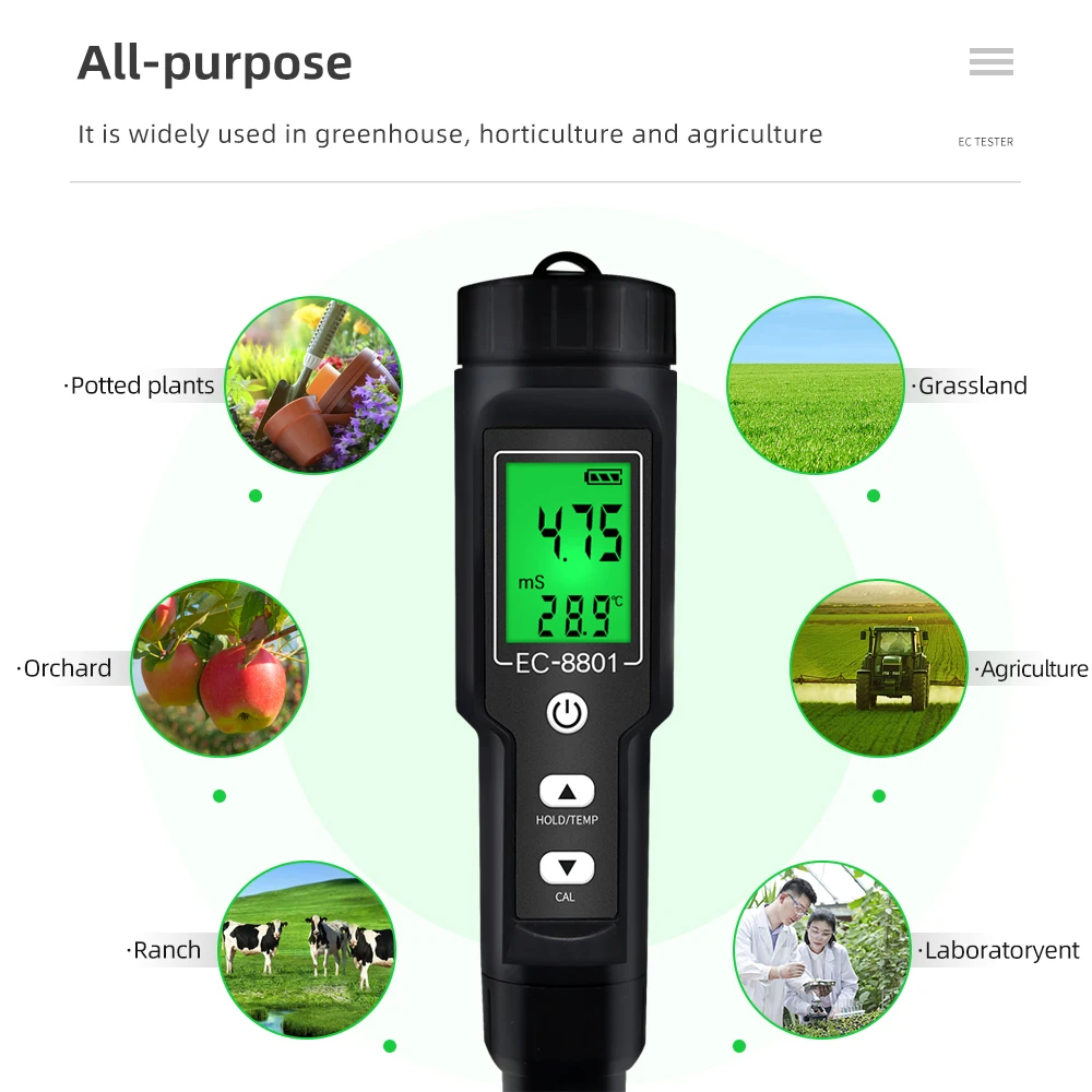 Digital EC/Temp Soil Tester 0.00~10.00mS/cm Conductivity Meter Waterproof Sensor Earth Analyzer with ATC Planting Garden Outdoor