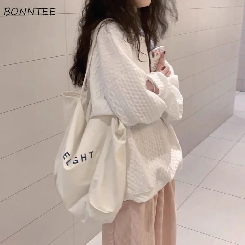 

Hoodies Women White Simple Vintage Female Clothing Long-sleeve Harajuku Loose Tops Fashion Solid Casual Korean O-neck Popular
