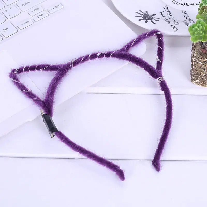 1Pc Women Girls LED Flashing Cute Pointed Cat Ears Hair Hoop Glowing String Lights Plush Cloth Wrapped Headband Party Random