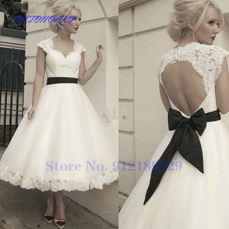 

Vestidos De Novia 2024 Short Wedding Dresses Cap Sleeves A Line Lace Appliques Tea Length Open Back with Bow Bridal Gown France