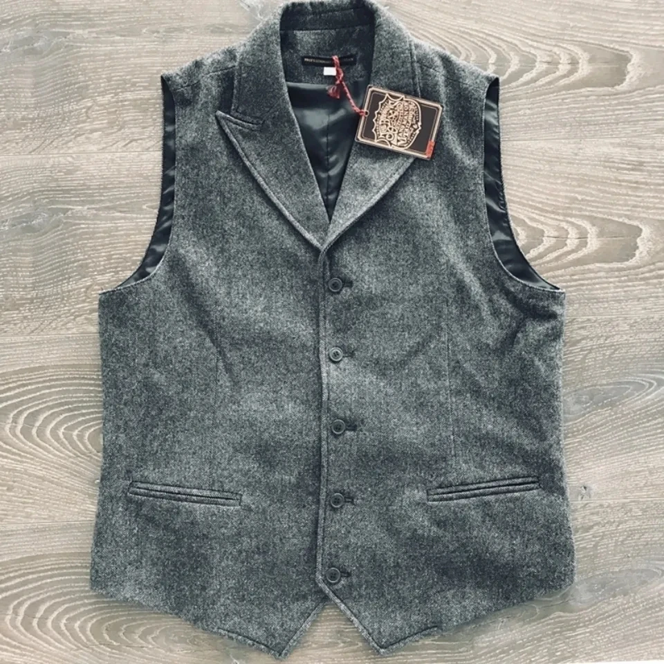 Men\'s Suit Vest Dark Gray Tailored Collar Wedding Wool Tweed Business Waistcoat Jacket Casual Slim Fit Gilet Homme Vests 2022